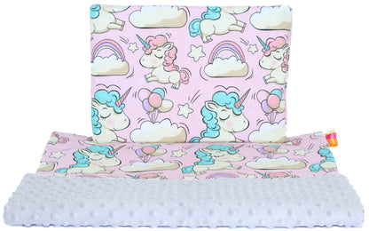 Minky Set mit Namen - Einhorn + Grau - Bettwäsche Kuscheldecke + Kissen