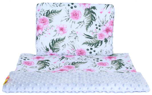 Minky Set mit Namen - Flowers + Grau - Bettwäsche Kuscheldecke + Kissen