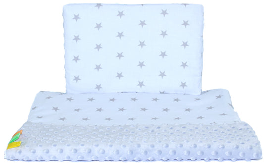 Minky Set mit Namen - Sterne auf Weiß + Grau - Bettwäsche Kuscheldecke + Kissen