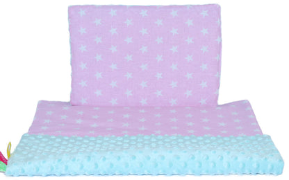Minky Set mit Namen - Sterne auf Rosa + Minze - Bettwäsche Kuscheldecke + Kissen