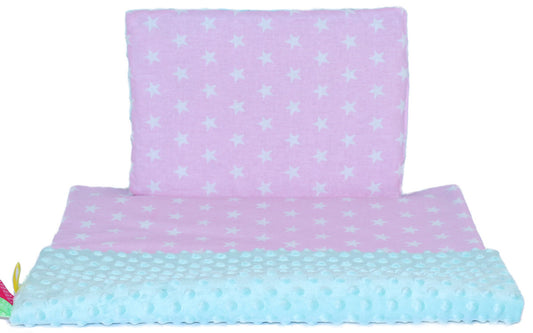 Minky Set mit Namen - Sterne auf Rosa + Minze - Bettwäsche Kuscheldecke + Kissen