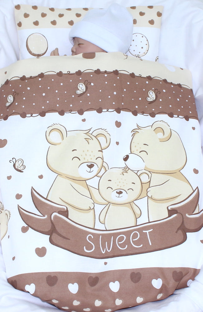 2- 4tlg Kinderwagenset -SWEET  Bärchen in Braun- Bettwäsche für Kinderwagen Bezüge Decke Kissen