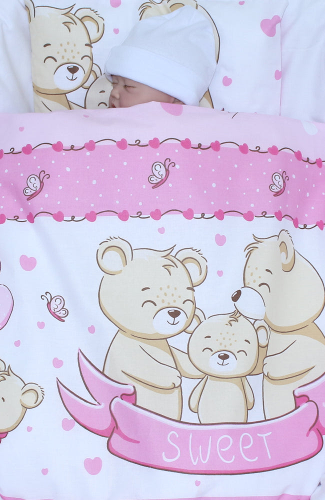 2- 4tlg Kinderwagenset - SWEET Bärchen in Rosa- Bettwäsche für Kinderwagen Bezüge Decke Kissen