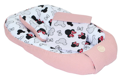 Baby Kokon mit Kissen, Kuscheldecke Baumwolle & Waffelpiqué- Minnie + Altrosa