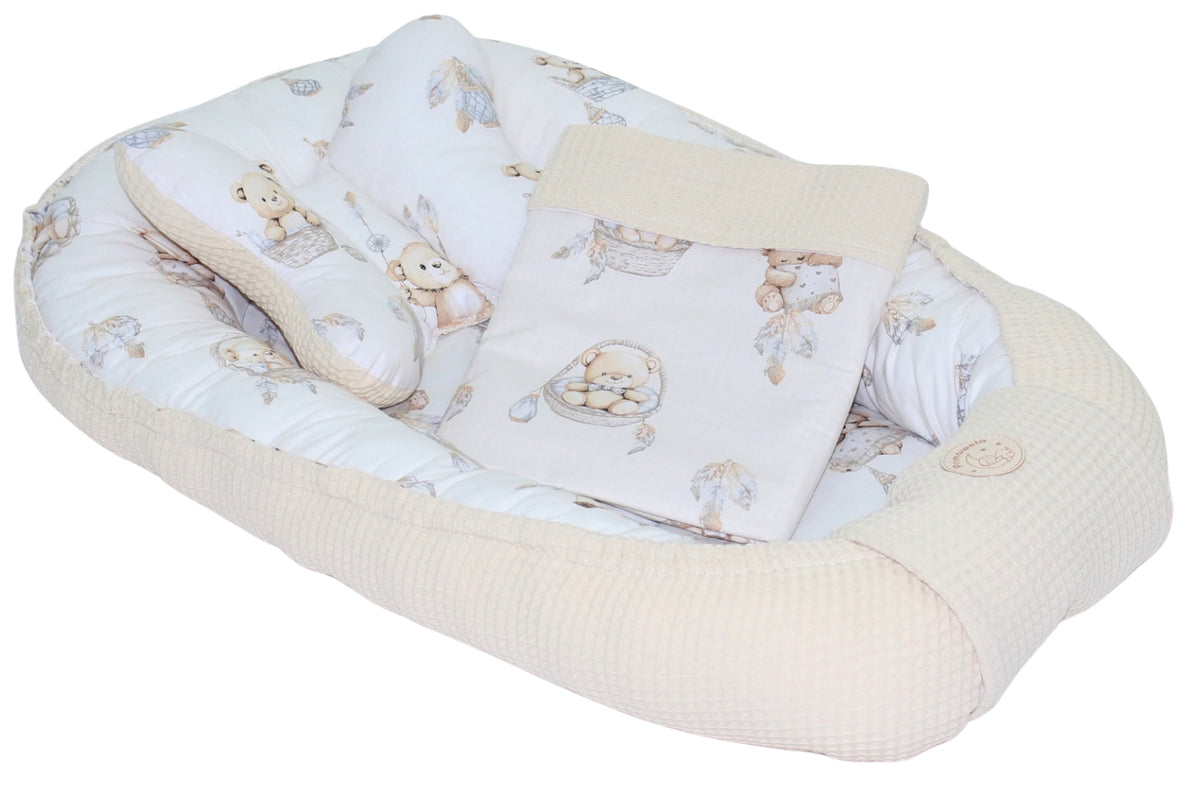 Baby Kokon mit Kissen, Kuscheldecke Baumwolle & Waffelpiqué - Traumbärchen Creme + Creme