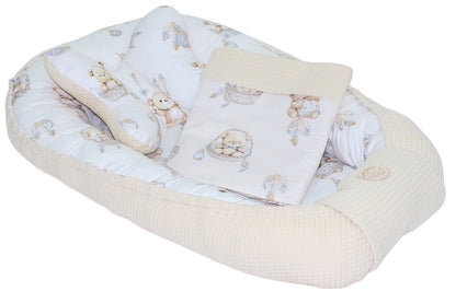 Baby Kokon mit Kissen, Kuscheldecke Baumwolle & Waffelpiqué - Traumbärchen Creme + Creme