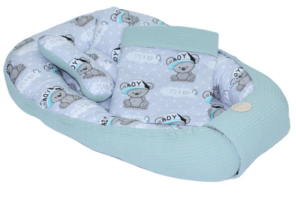 Baby Kokon mit Kissen, Kuscheldecke Baumwolle & Waffelpiqué - Boy + Salbei