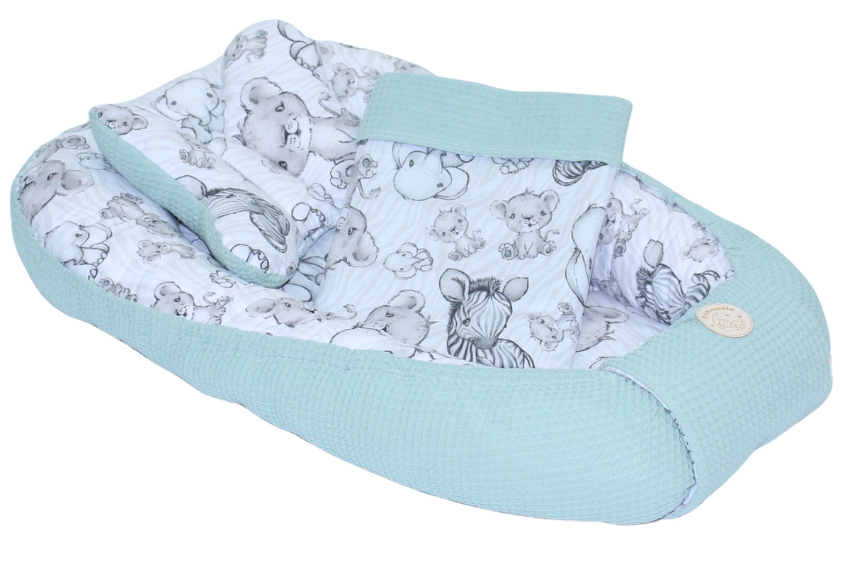 Baby Kokon mit Kissen, Kuscheldecke Baumwolle & Waffelpiqué - ZOO + Salbei