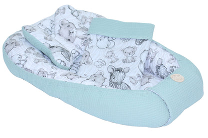 Baby Kokon mit Kissen, Kuscheldecke Baumwolle & Waffelpiqué - ZOO + Salbei