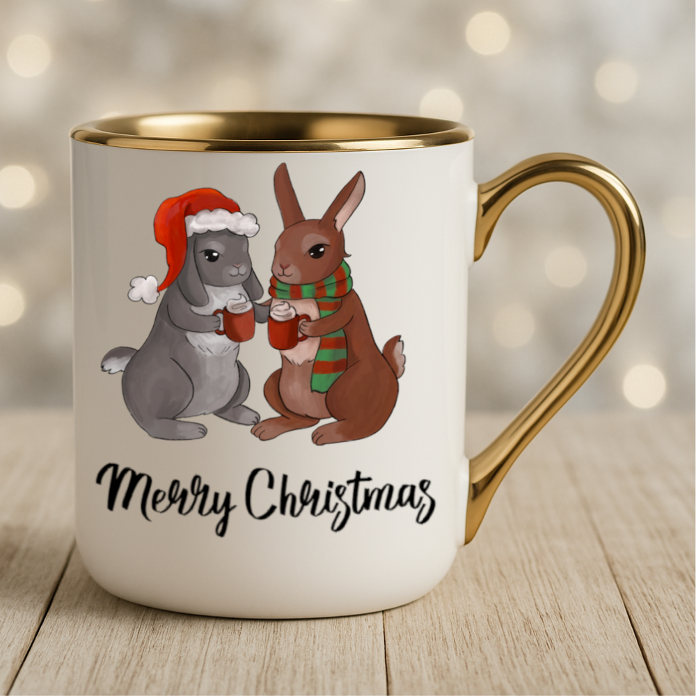 Advent Weihnachten Winter- Tasse Kaffee Tasse Becher mit glänzendem Goldrand- Hase