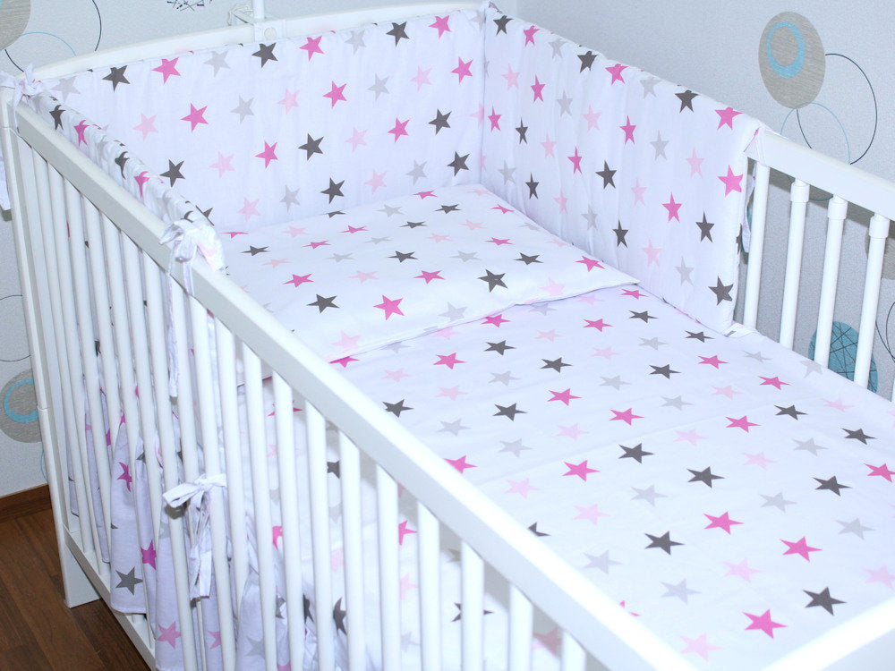 Baby Bettset -Star in Rosa - 5-11 teilig mit Chiffon Himmel