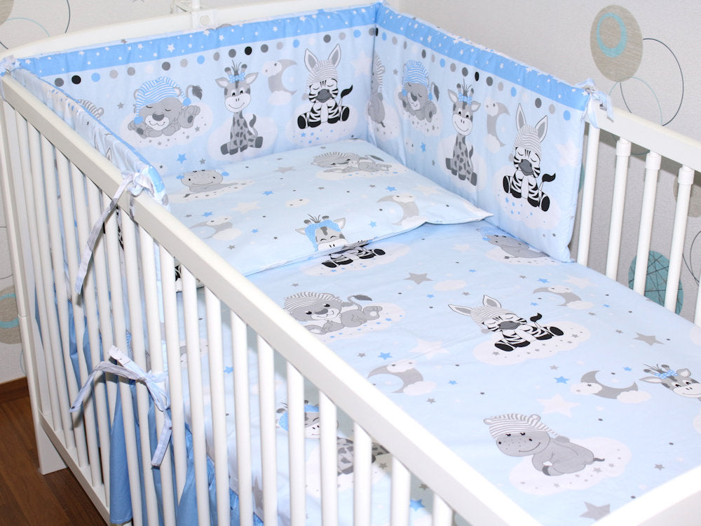 Baby Bettset - Zoo in Blau - 5-11 teilig mit Vollstoff Himmel