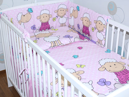 Baby Bettset - Schaf in Rosa - 5-11 teilig mit Vollstoff Himmel