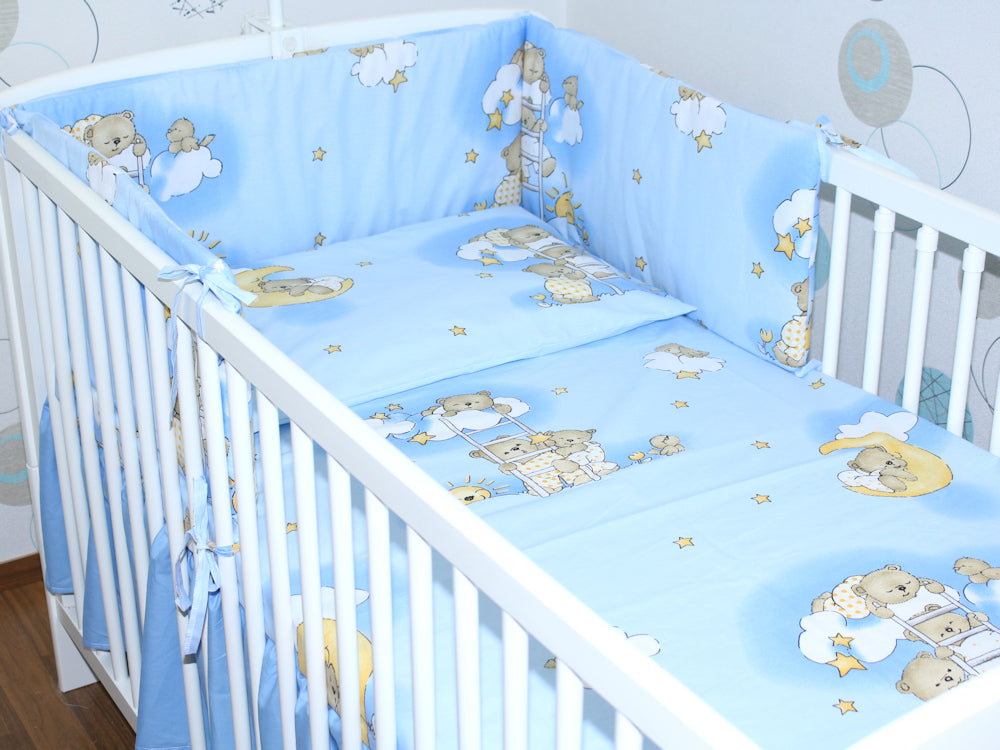 Baby Bettset - Bärchen auf Leitern Blau - 5-11 teilig mit Vollstoff Himmel