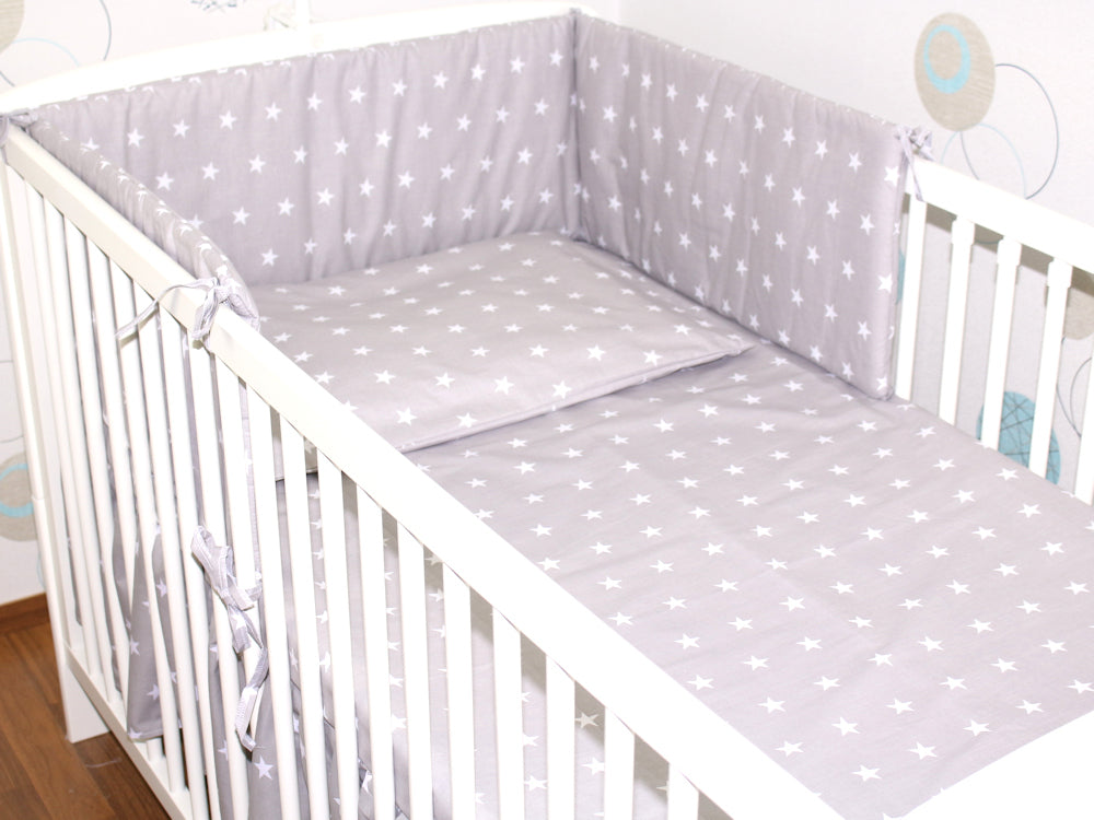Baby Bettset - Sternchen auf Grau- 5-11 teilig mit Chiffon Himmel