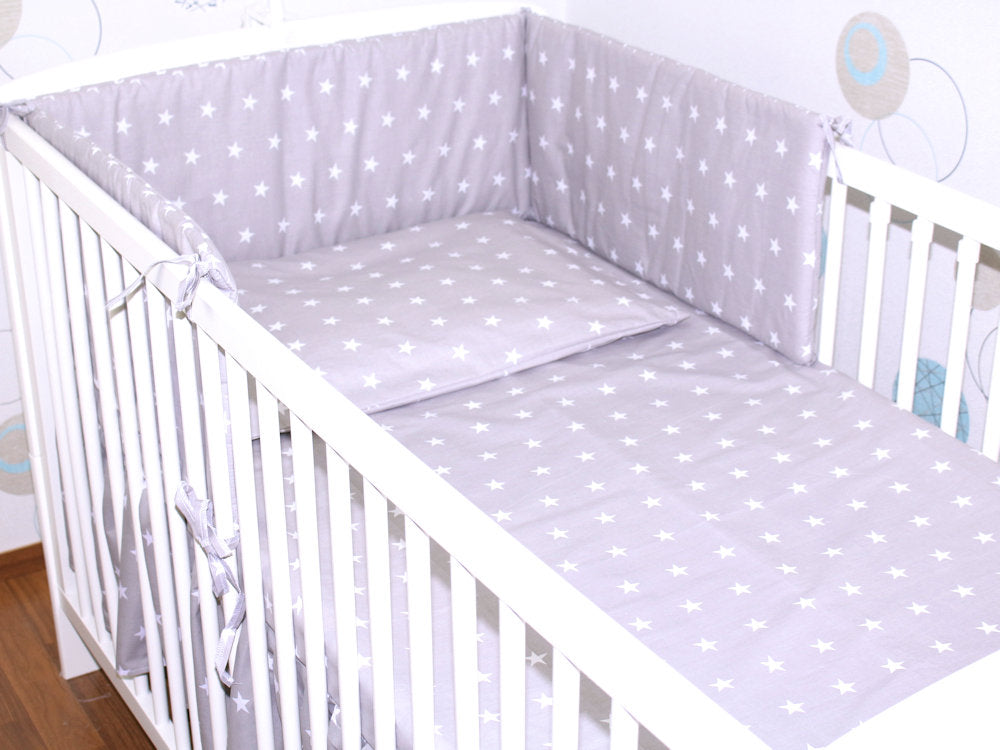 Baby Bettset - Sternchen auf Grau - 5-11 teilig mit Vollstoff Himmel