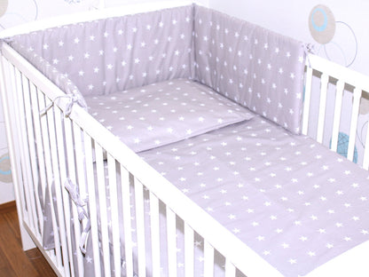 Baby Bettset - Sternchen auf Grau - 5-11 teilig mit Vollstoff Himmel