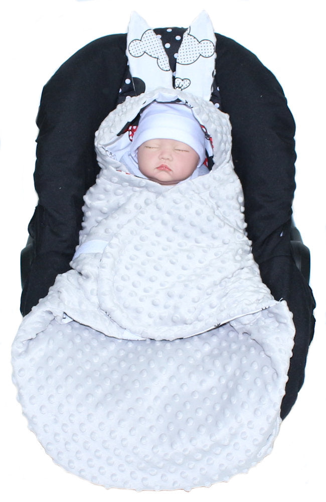 Einschlagdecke HASE - Minnie + Grau - mit Kapuze Babyschale Decke