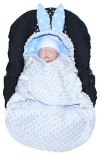 Lade das Bild in den Galerie-Viewer, Einschlagdecke HASE - Sternchen auf Blau + Grau - mit Kapuze Babyschale Decke
