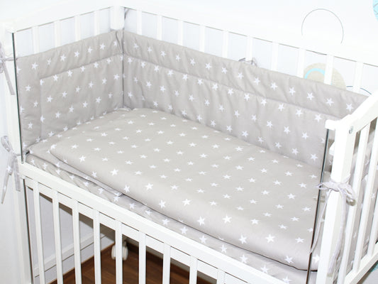 6 TLG- BABY SET mit Bettwäsche - Sternchen auf Grau - für Beistellbett 40x90cm