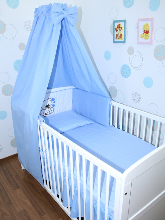 Baby Bettset - Bärchen mit Herzen Blau - mit Applikation Vollstoff Himmel Bettwäsche Set
