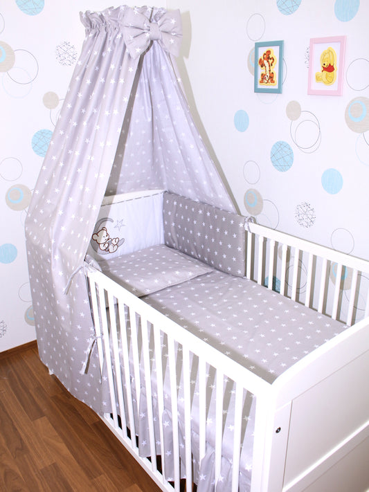 Baby Bettset - Bärchen Auf dem Mond Sterne auf Grau - mit Applikation Vollstoff Himmel Bettwäsche Set