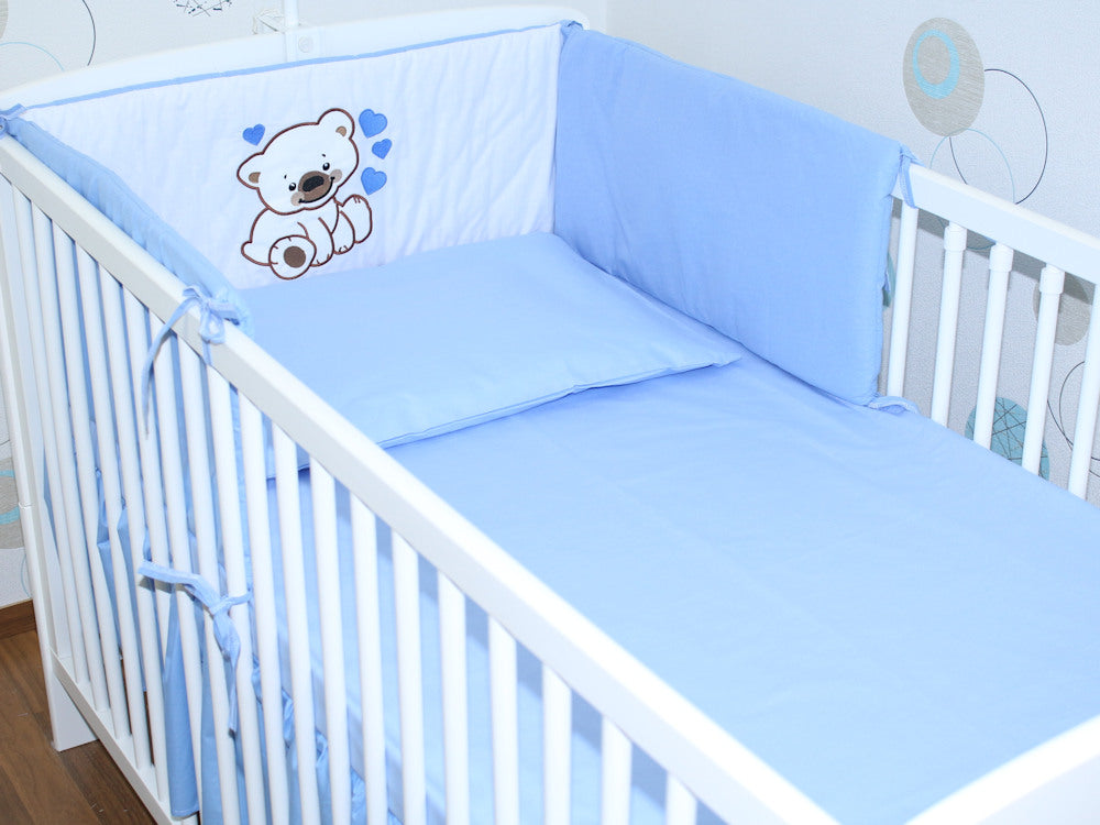 Baby Bettset - Bärchen mit Herzen Blau - mit Applikation Vollstoff Himmel Bettwäsche Set