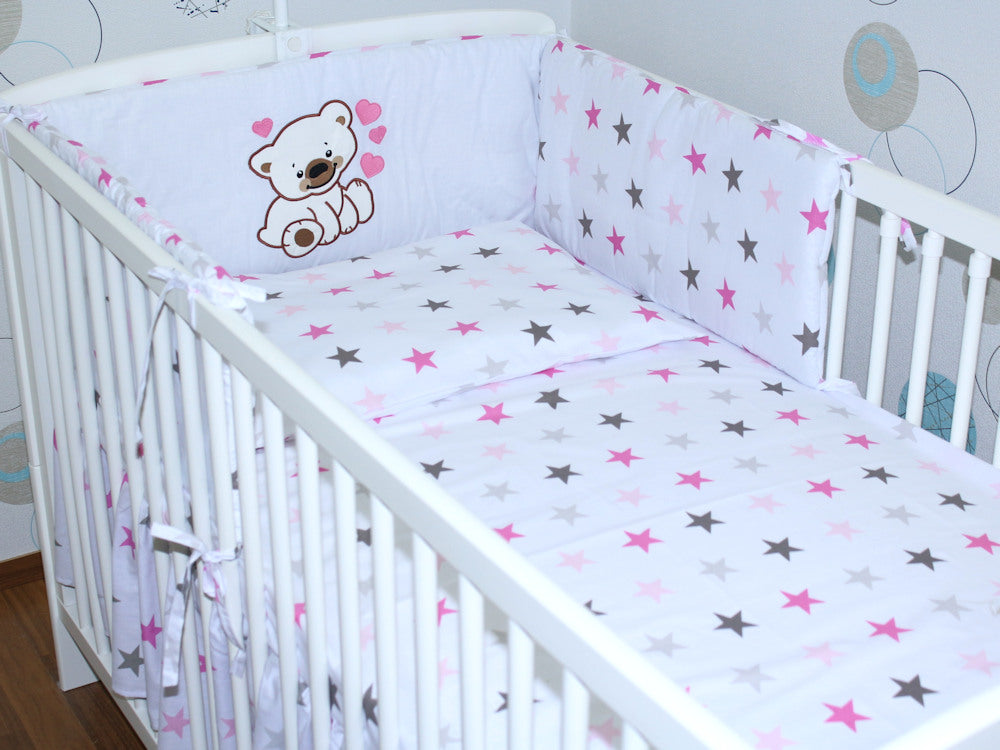 Bettset - Bärchen mit Herzen Star Rosa - mit Applikation Vollstoff Himmel Bettwäsche Set