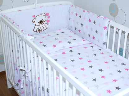 Bettset - Bärchen mit Herzen Star Rosa - mit Applikation Vollstoff Himmel Bettwäsche Set