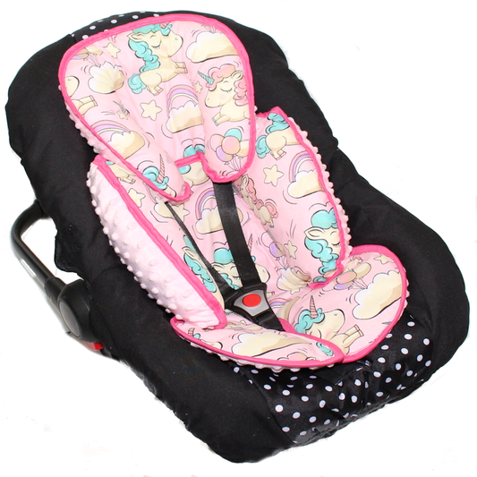 Sitzverkleinerer MINKY - Baumwolle - Einhorn+Rosa-  für Auto Kindersitz Babyschale