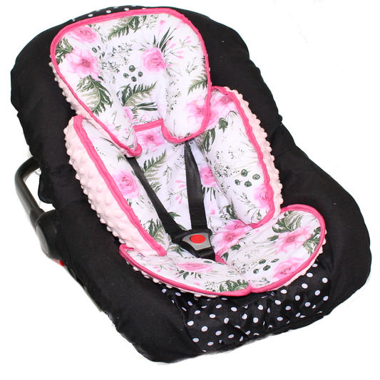 Sitzverkleinerer MINKY - Baumwolle - Flowers+Rosa-  für Auto Kindersitz Babyschale