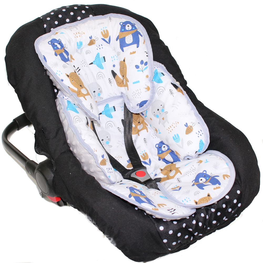 Sitzverkleinerer MINKY - Baumwolle - Waldtiere+Grau-  für Auto Kindersitz Babyschale