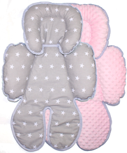Lade das Bild in den Galerie-Viewer, Sitzverkleinerer MINKY - Baumwolle - Sternchen auf Grau+Rosa-  für Auto Kindersitz Babyschale
