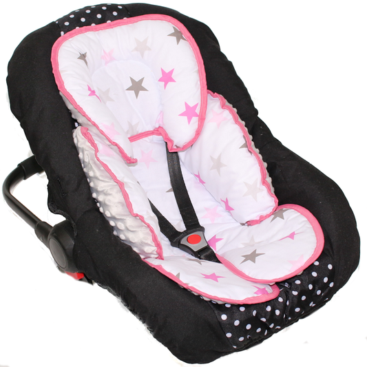 Sitzverkleinerer MINKY - Baumwolle - Star Rosa+Grau-  für Auto Kindersitz Babyschale