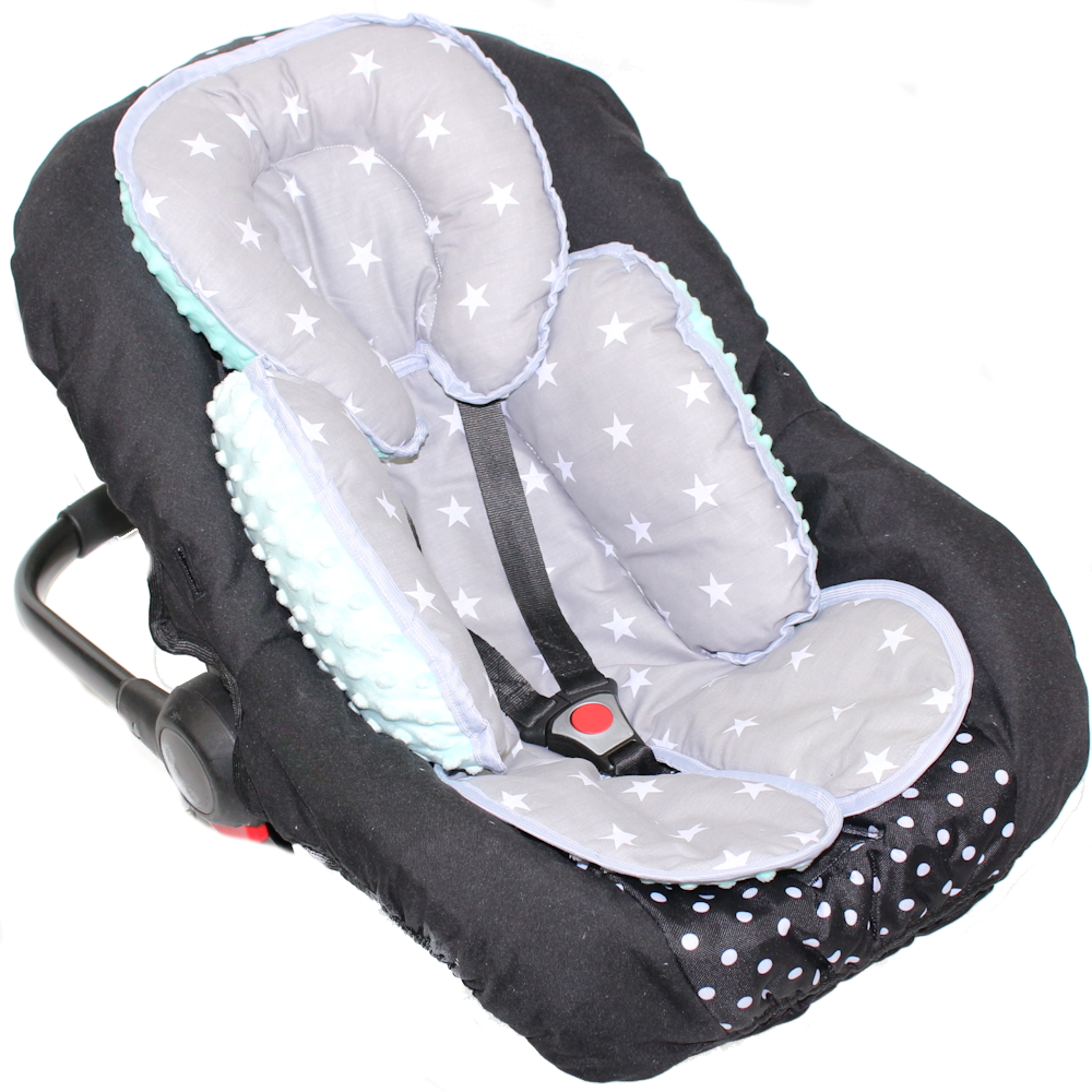 Sitzverkleinerer MINKY - Baumwolle - Sternchen auf Grau-Minze-  für Auto Kindersitz Babyschale