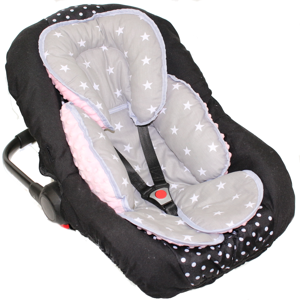 Sitzverkleinerer MINKY - Baumwolle - Sternchen auf Grau+Rosa-  für Auto Kindersitz Babyschale