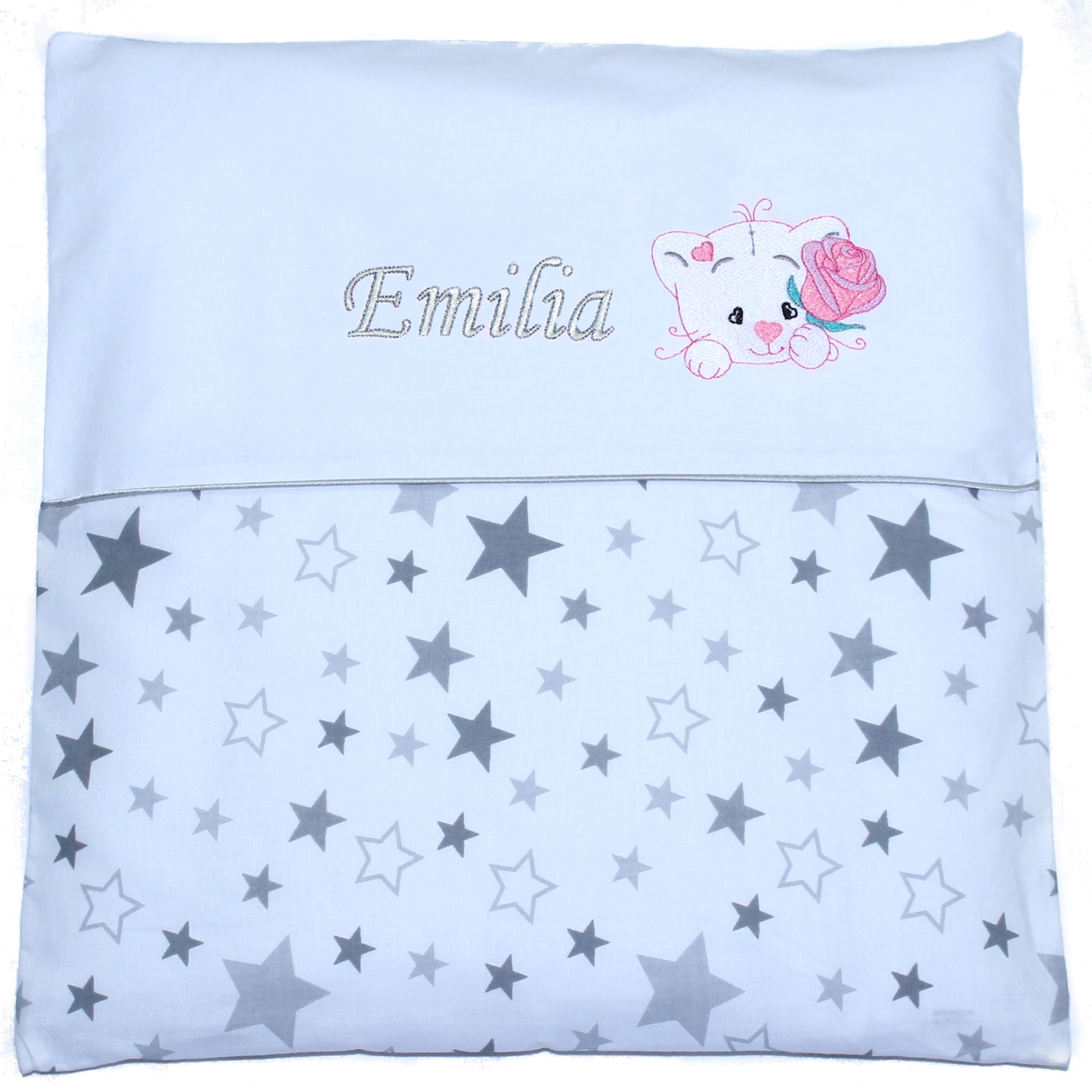 Kissen mit Stickerei und Namen - Katze mit Rose