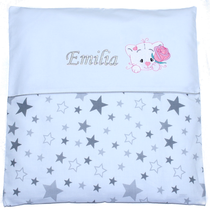 Kissen mit Stickerei und Namen - Katze mit Rose