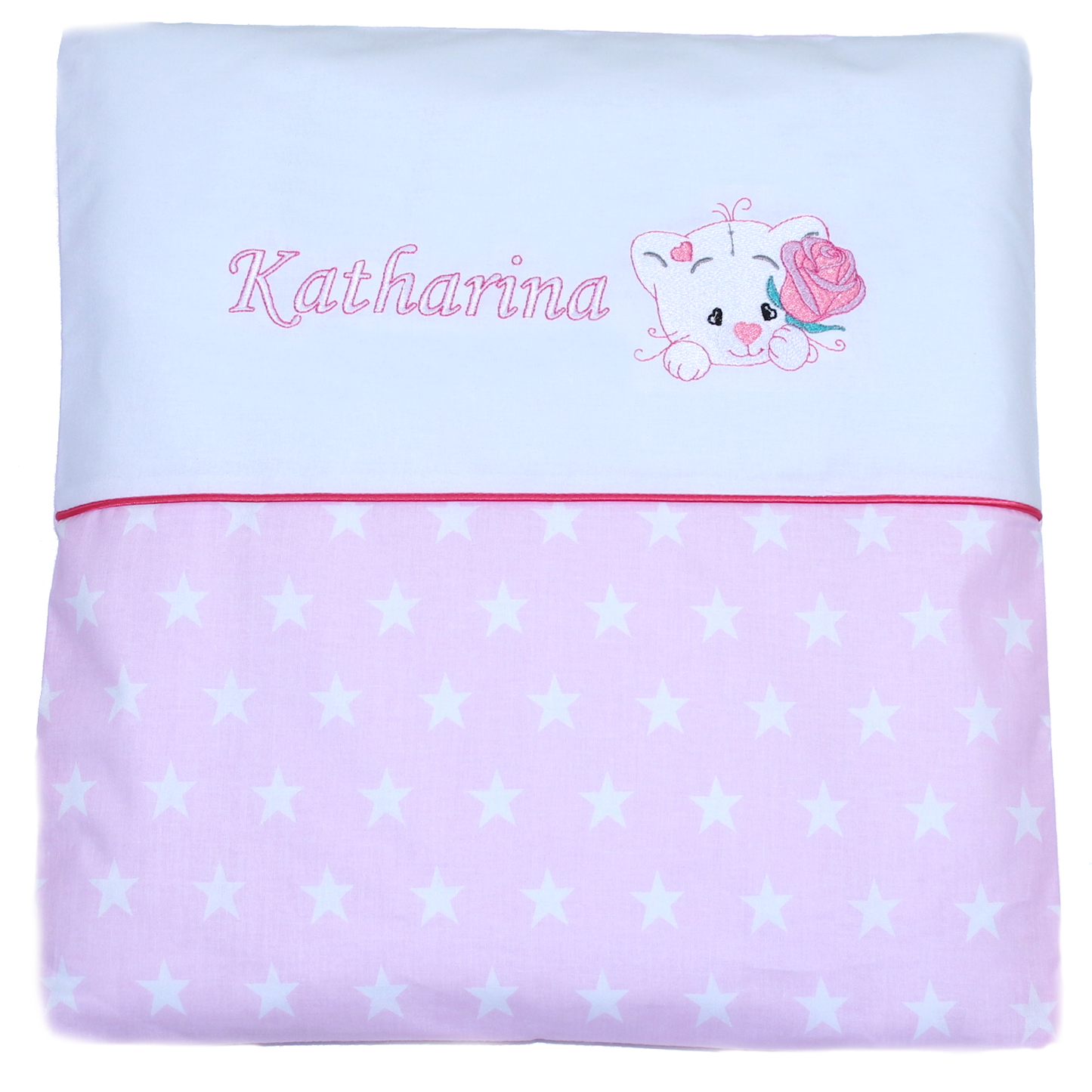 Kissen mit Stickerei und Namen - Katze mit Rose