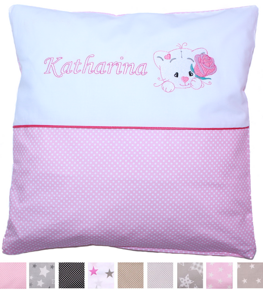 Kissen mit Stickerei und Namen - Katze mit Rose