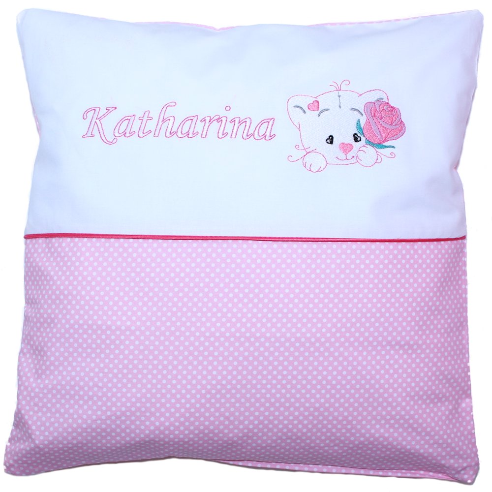 Kissen mit Stickerei und Namen - Katze mit Rose