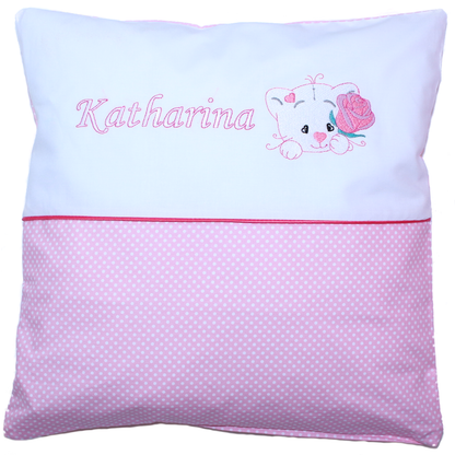 Kissen mit Stickerei und Namen - Katze mit Rose