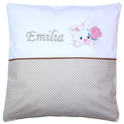 Kissen mit Stickerei und Namen - Katze mit Rose