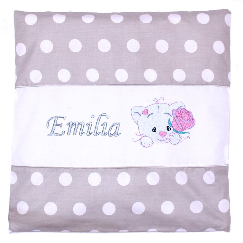 Kissen mit Stickerei und Namen - V2 - Katze mit Rose