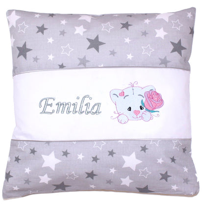 Kissen mit Stickerei und Namen - V2 - Katze mit Rose