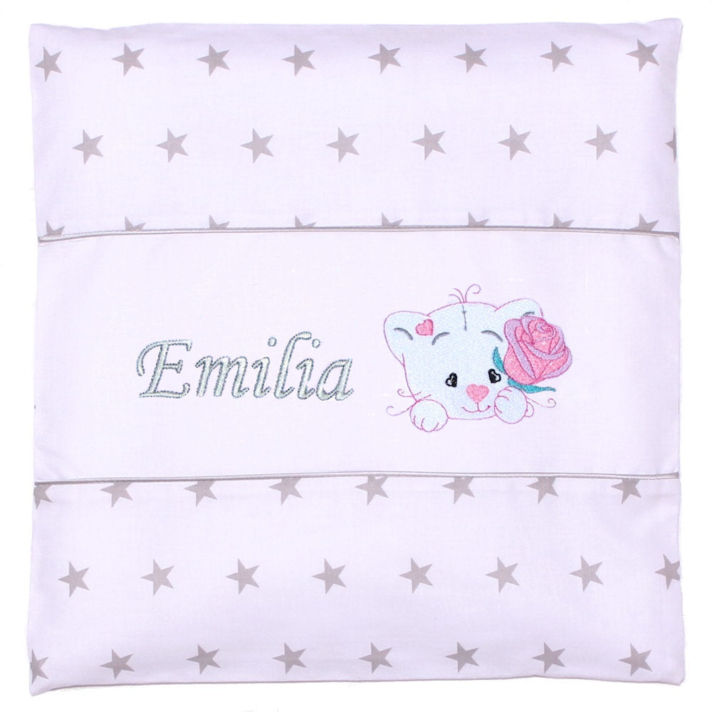 Kissen mit Stickerei und Namen - V2 - Katze mit Rose