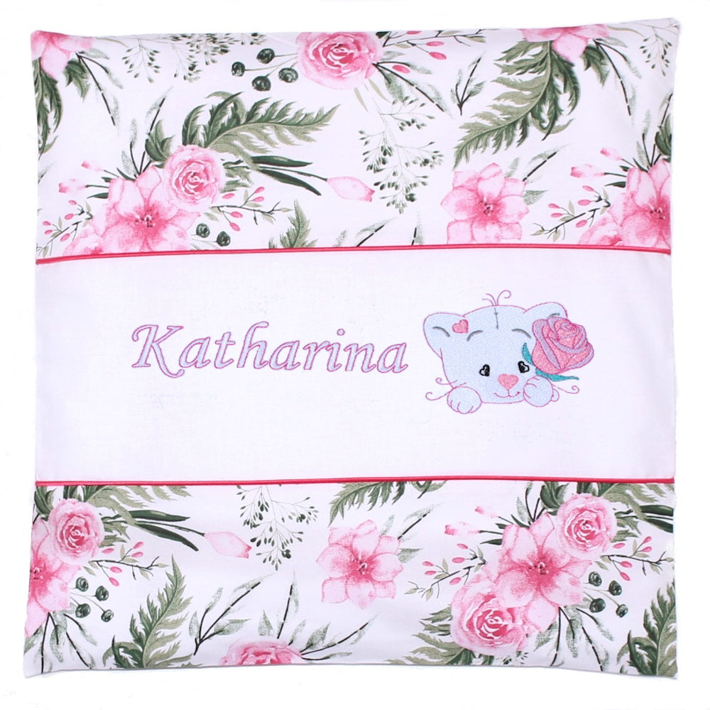 Kissen mit Stickerei und Namen - V2 - Katze mit Rose