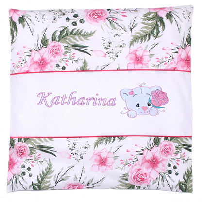 Kissen mit Stickerei und Namen - V2 - Katze mit Rose