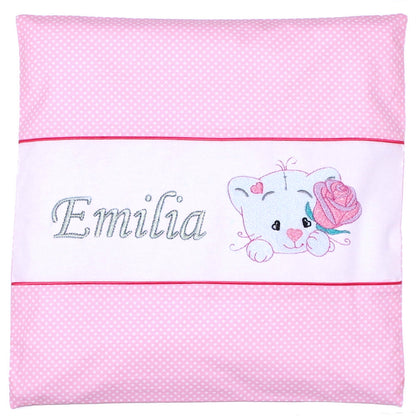 Kissen mit Stickerei und Namen - V2 - Katze mit Rose