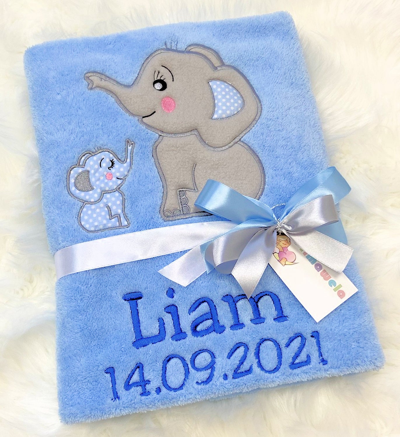 Babydecke mit Namen bestickt -Elefanten Blau- Kuscheldecke